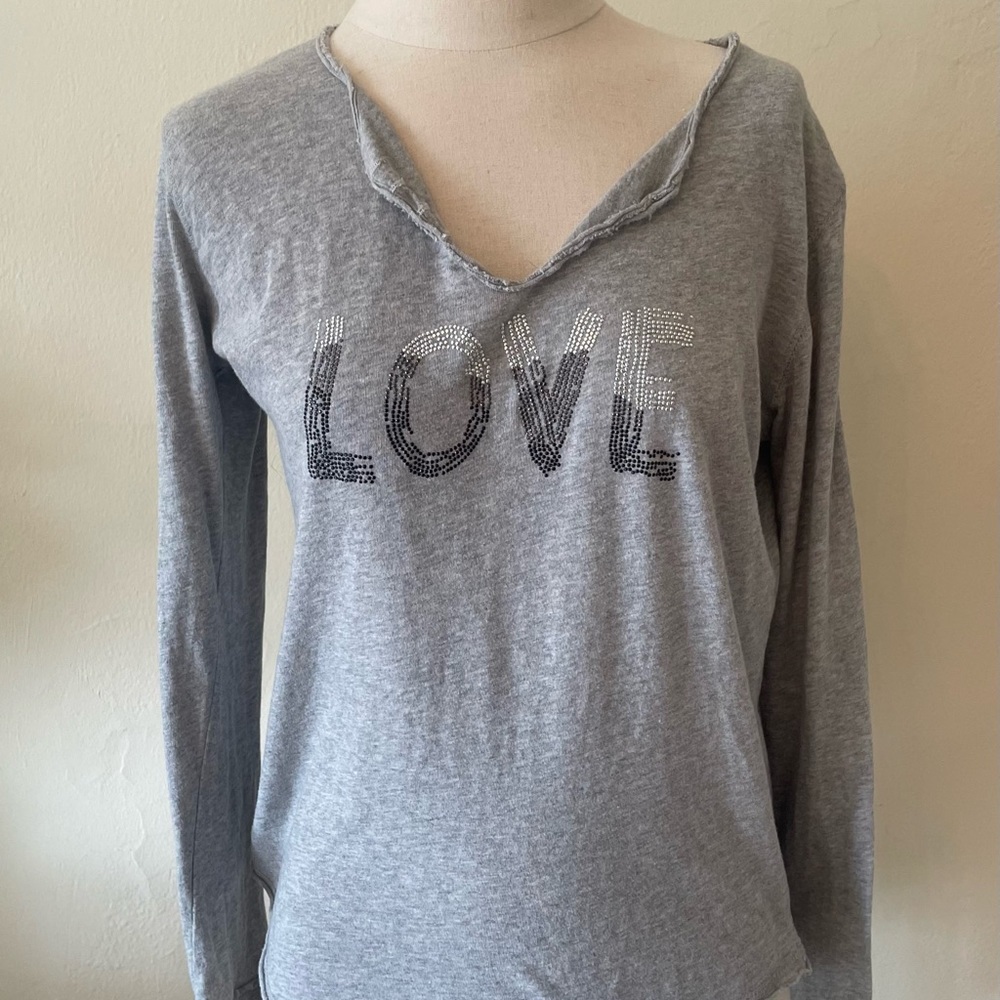 - ZADIG & VOLTAIRE Gray MEDIUM V Neck Long Sleeve LOVE Shirt Soft Cotton